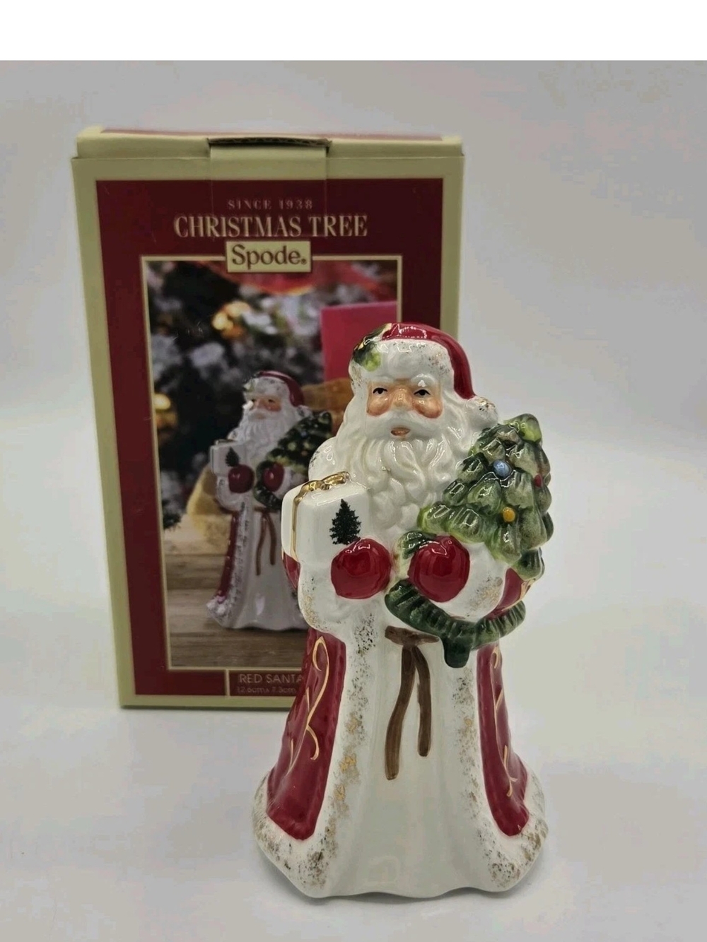 Spode Christmas Tree Red Santa Bell 5" Santa Claus Figure Porcelain Holiday Box